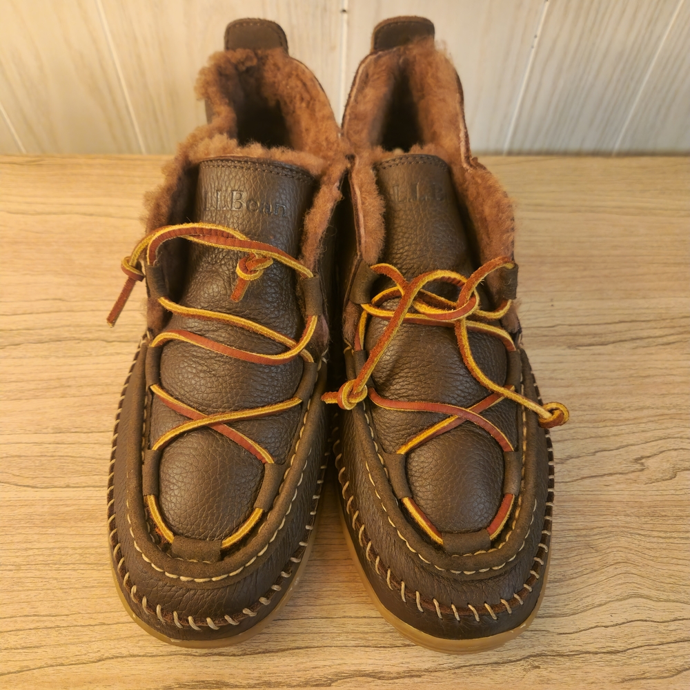L.L. Bean Men's Leather Moccasin Fur-Lined Slippers - Brown - Size 11 - Picture 3 of 9